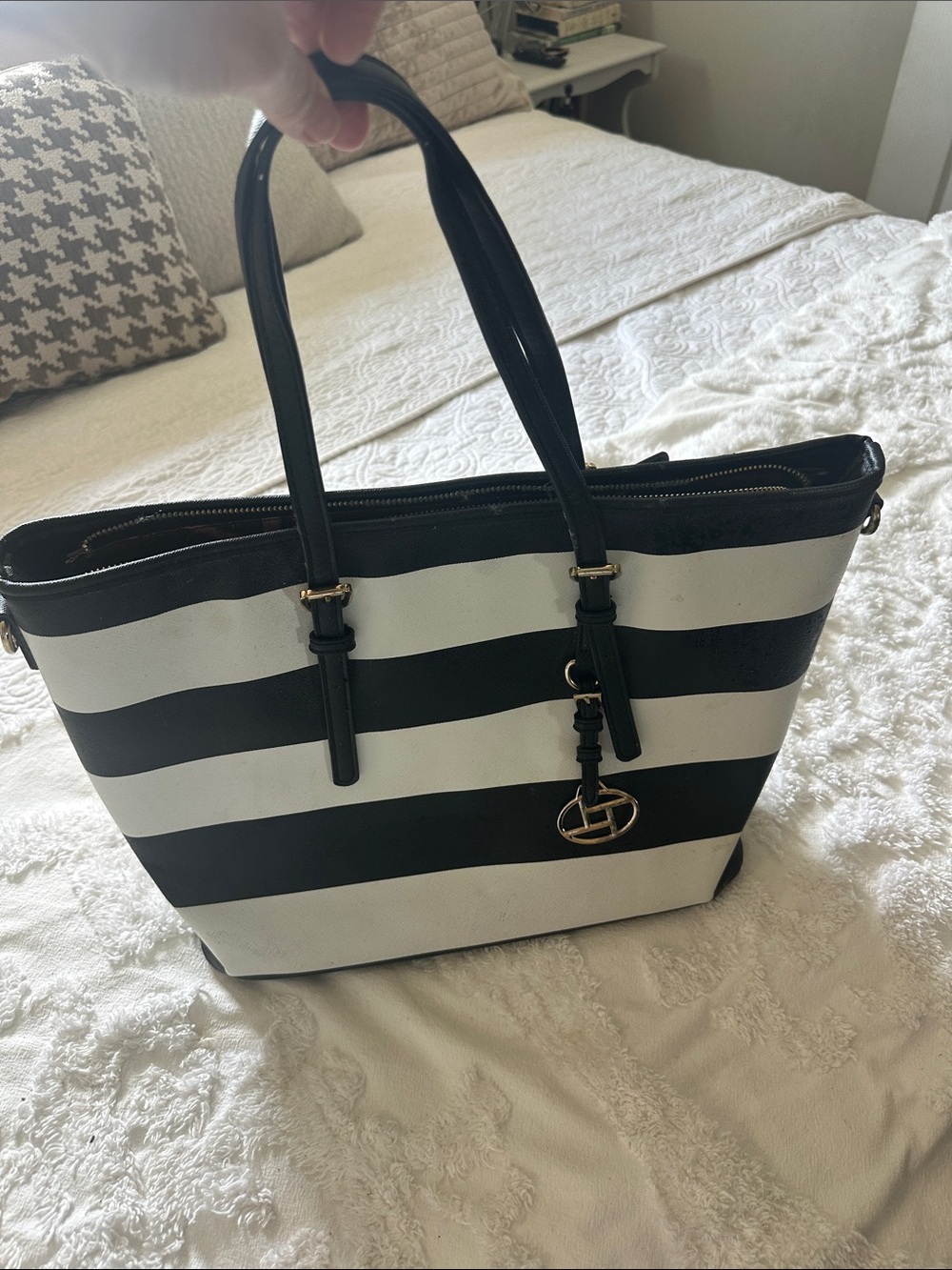 Black & White Striped Tote Bag with Gold Accent